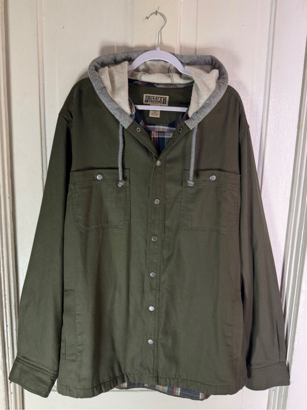 Duluth Trading Co Men's Fire Hose Flannel Lined Hooded Limber Jac Olive Green XL